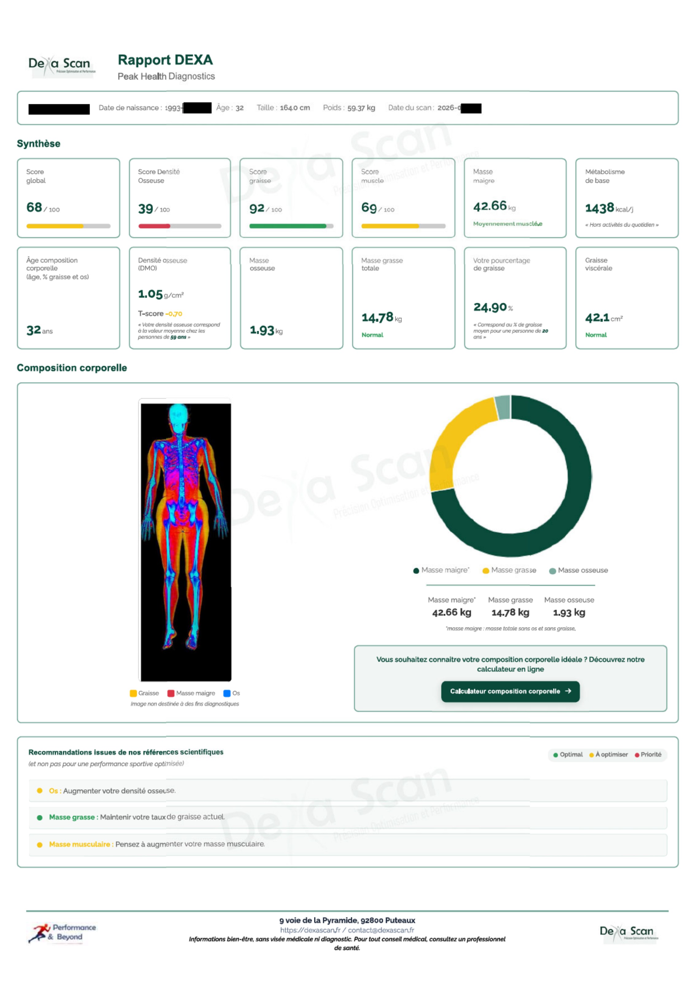 Première page du rapport DEXA d'une femme de 32 ans avec une faible densité osseuse