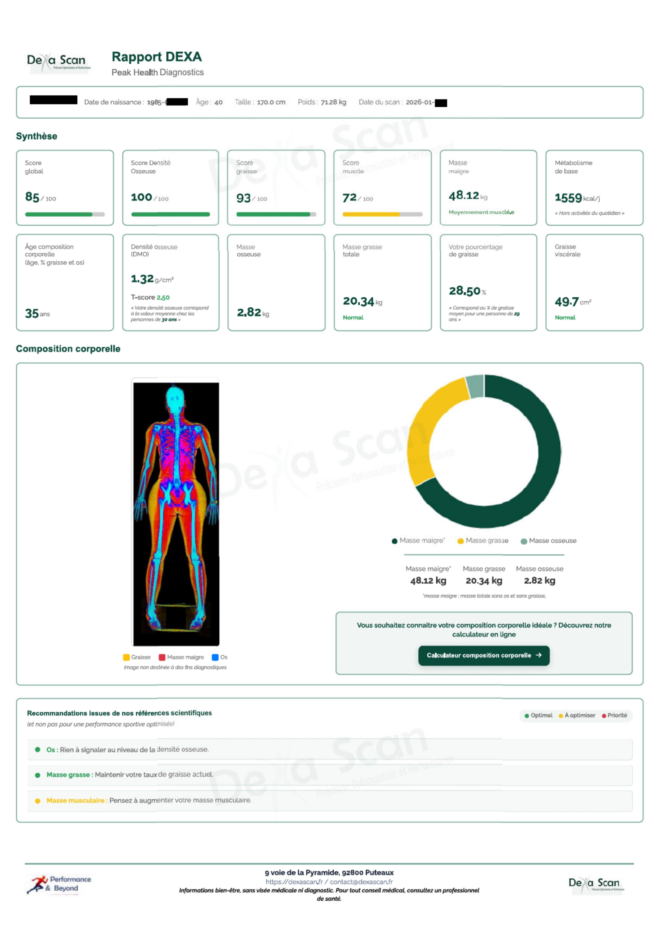 Première page du rapport DEXA d'une femme de 40 ans avec une densité osseuse excellente