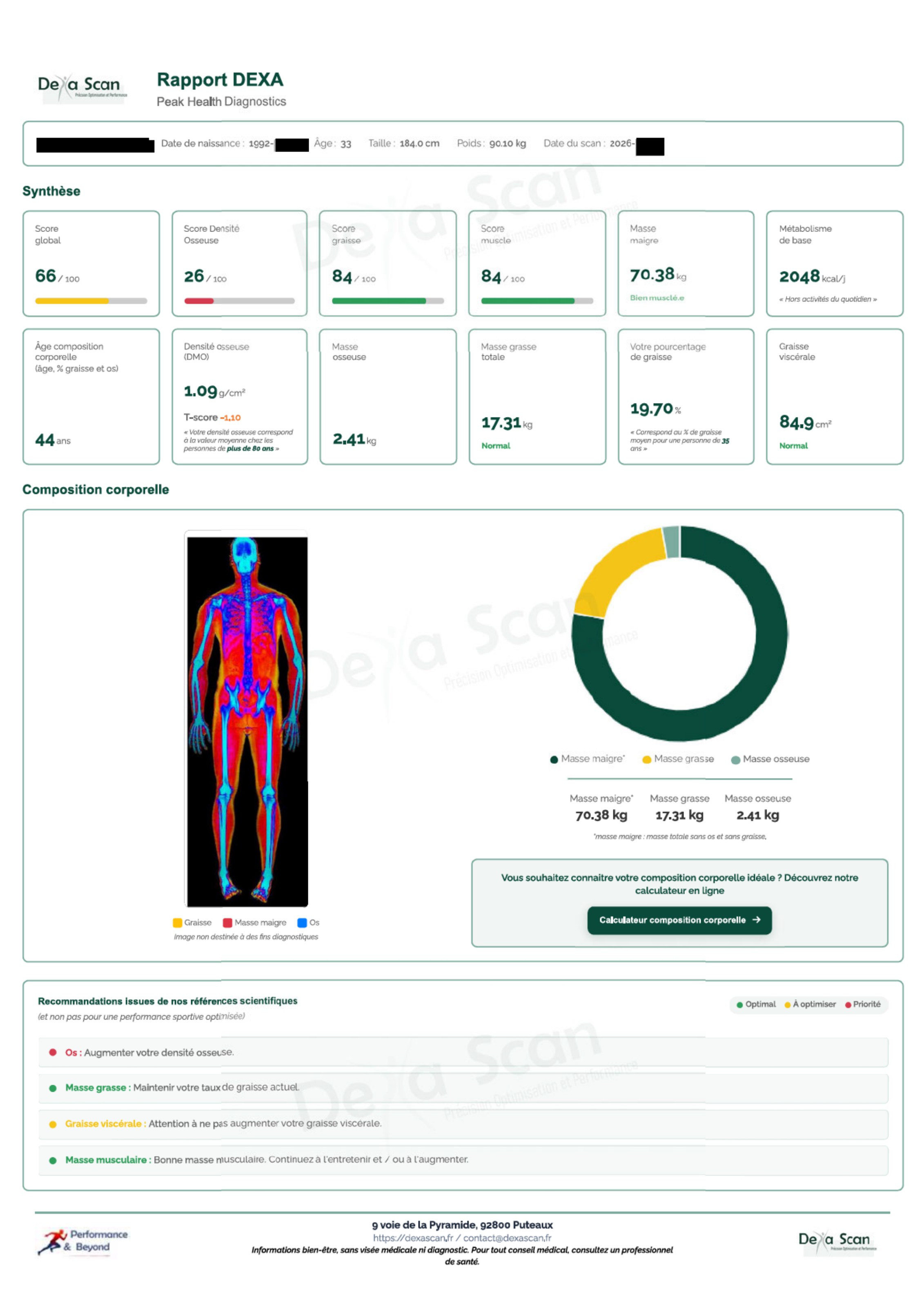 Première page du rapport DEXA d'un homme musclé de 33 ans